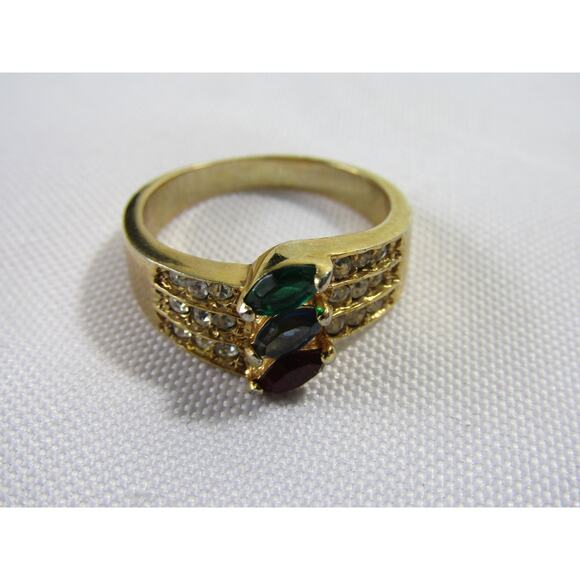 Blue Red Green Rhinestone Gold Tone Ring 9" Cottagecore Whimsygoth Y2K Elegant - Picture 1 of 6